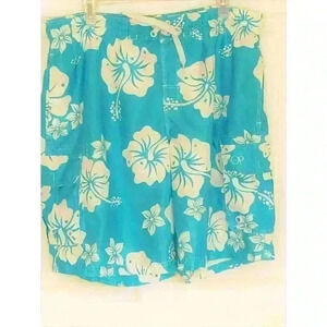 OP men's swim trunks board shorts 36-38 Large 4-pocket Hawaiian floral aqua blue